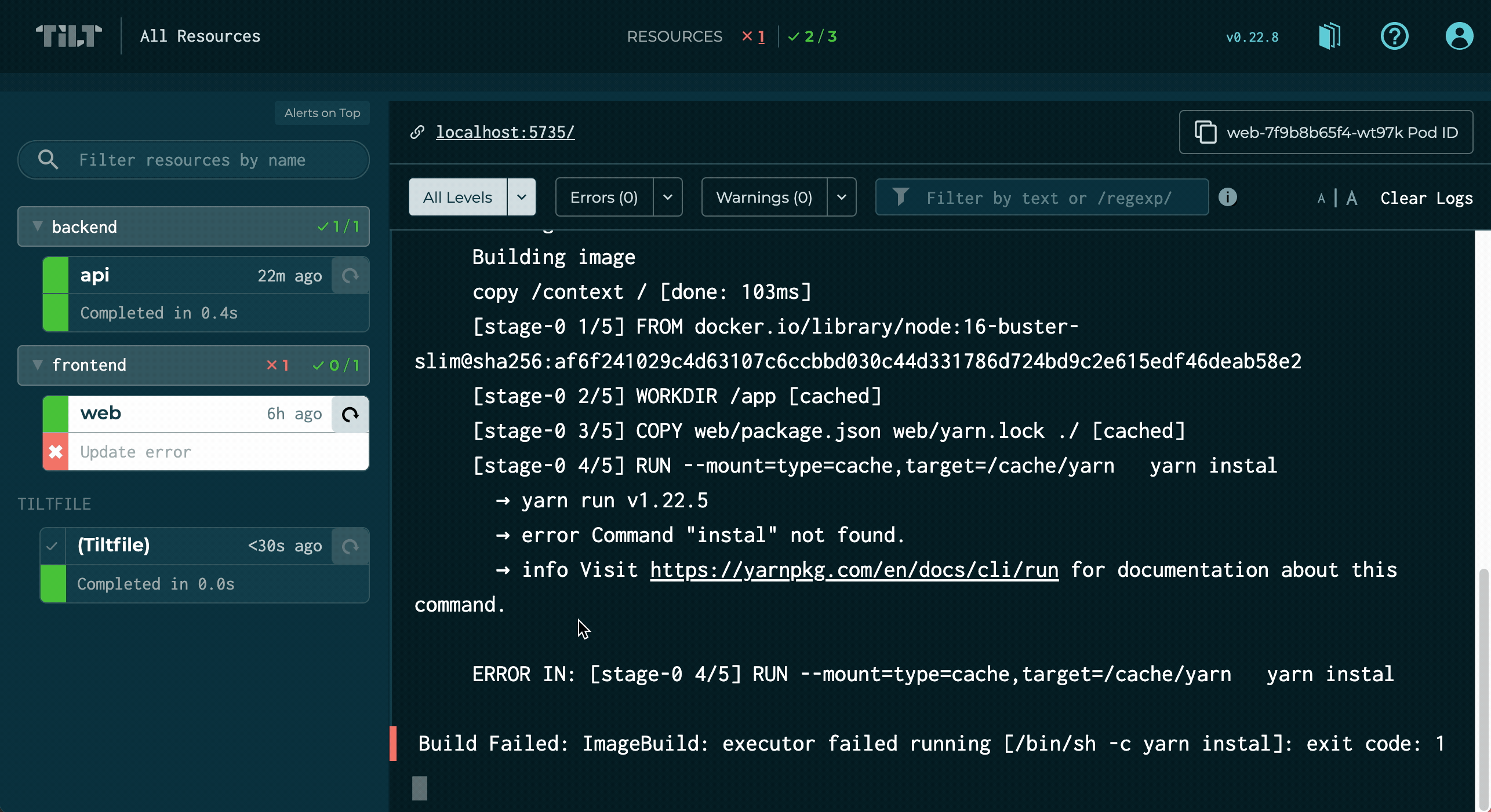 Filtering logs via source, level, and keyword in the Tilt UI Resource Detail view