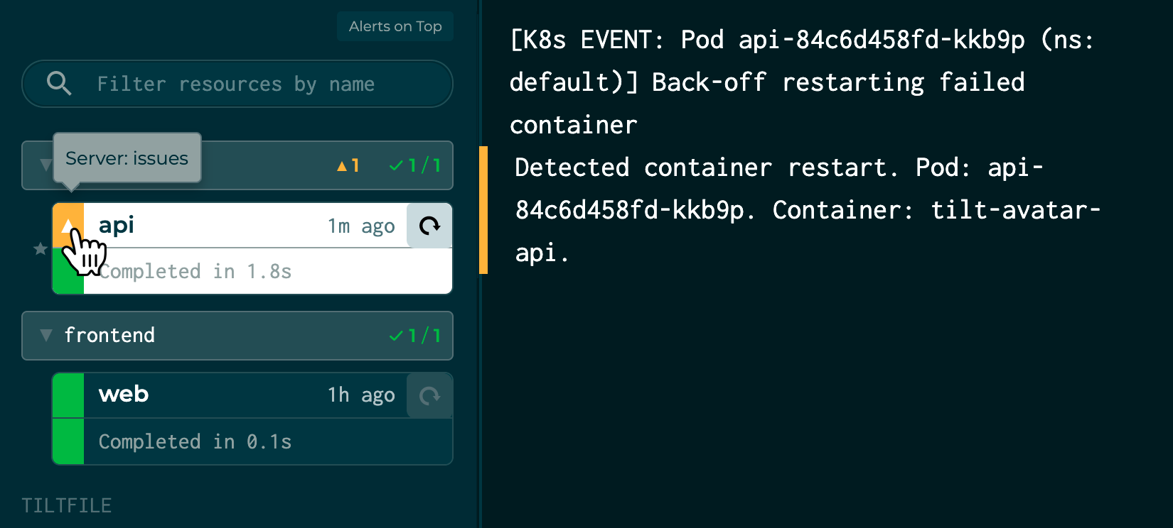 Resource pane showing a runtime error