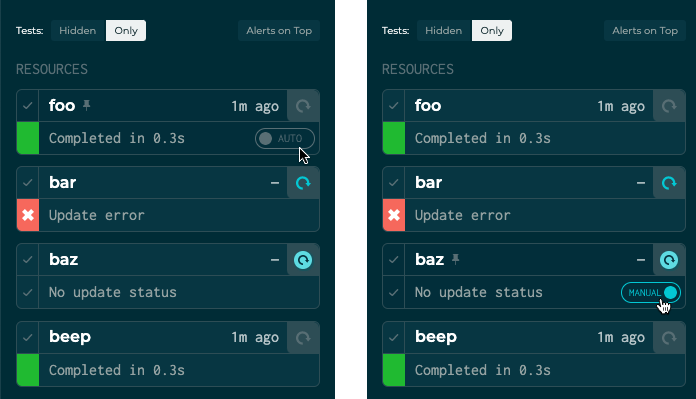 a close-up of several cards in the sidebar, with 'auto/manual' toggles visible