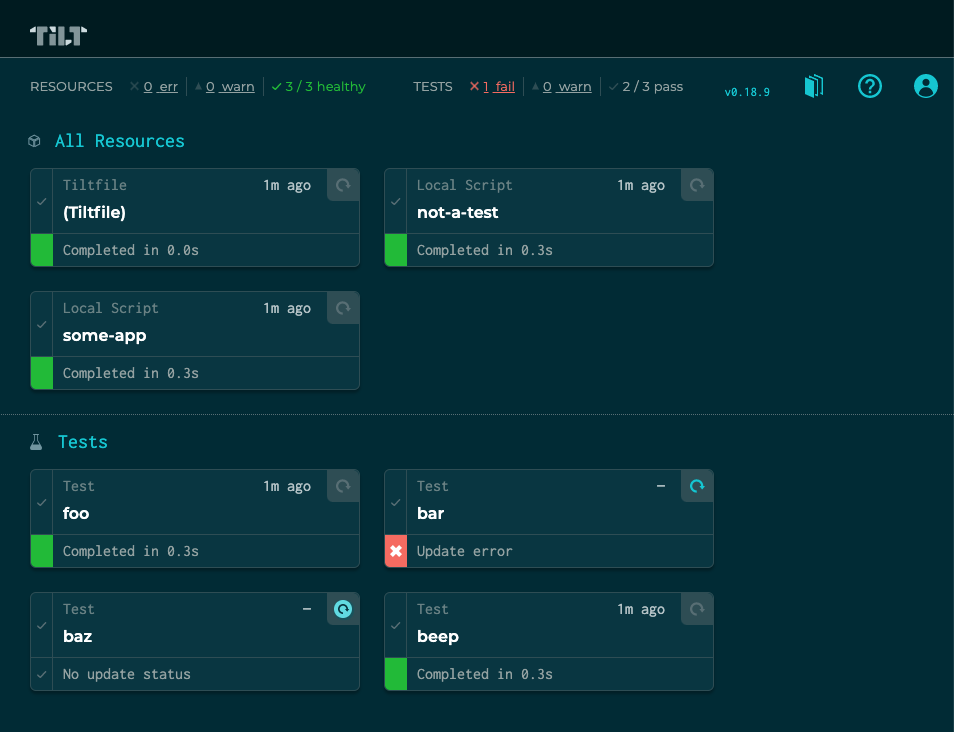 the Tilt UI overview page, with several tests