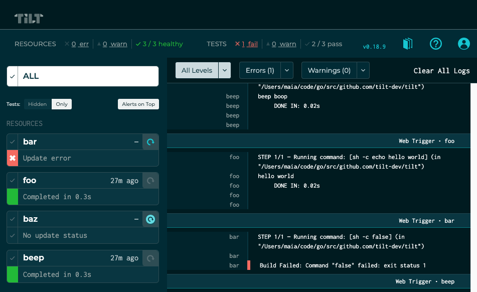sidebar displaying only tests, with alerts sorted to the top